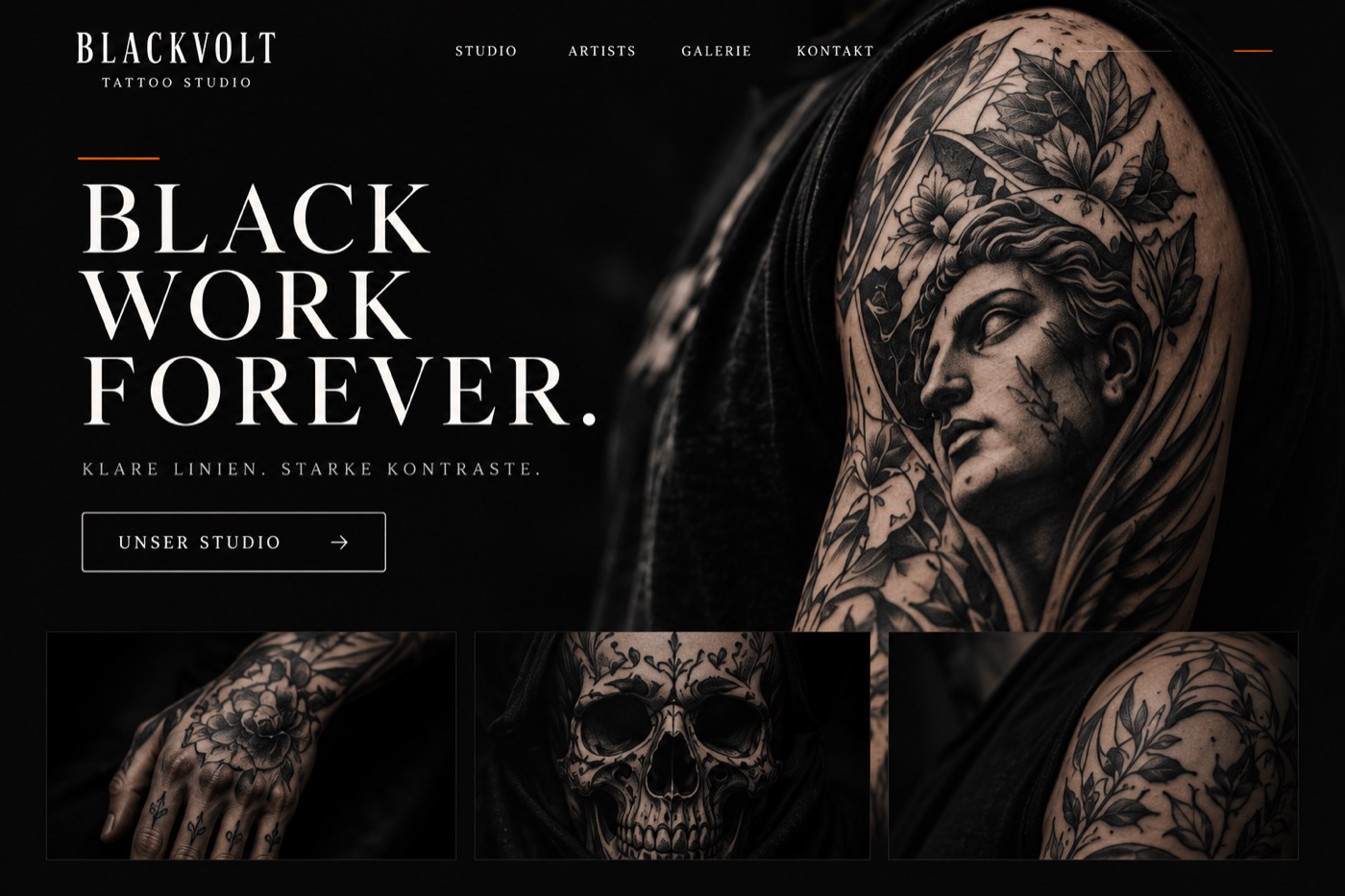 Blackvolt: dunkles Website-Gestaltungsbeispiel mit großflächiger Tattoo-Fotografie