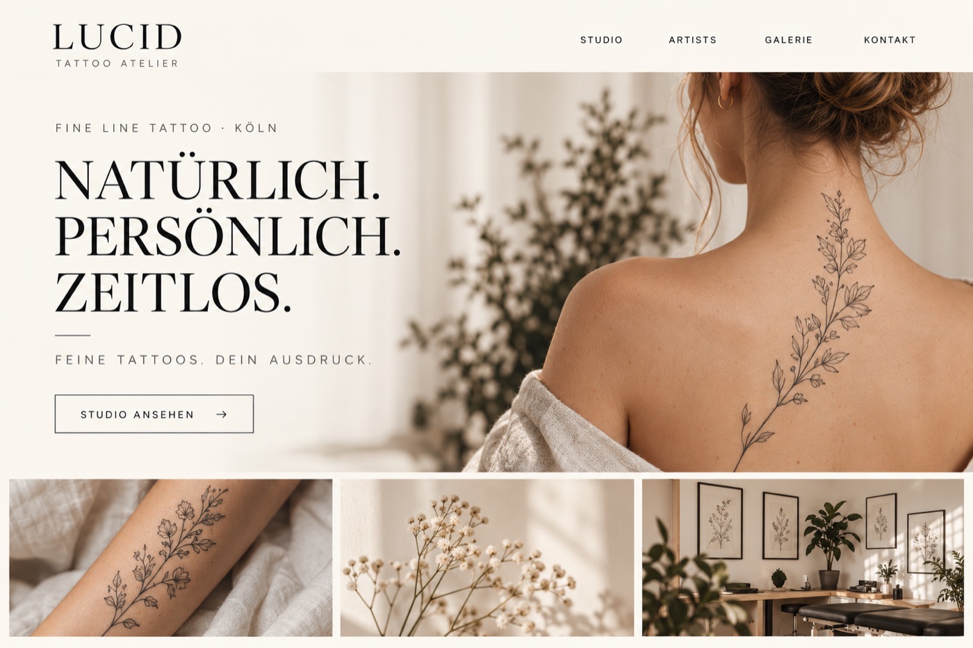 Lucid: helles Website-Gestaltungsbeispiel mit feiner Typografie und ruhiger Atelier-Bildwelt